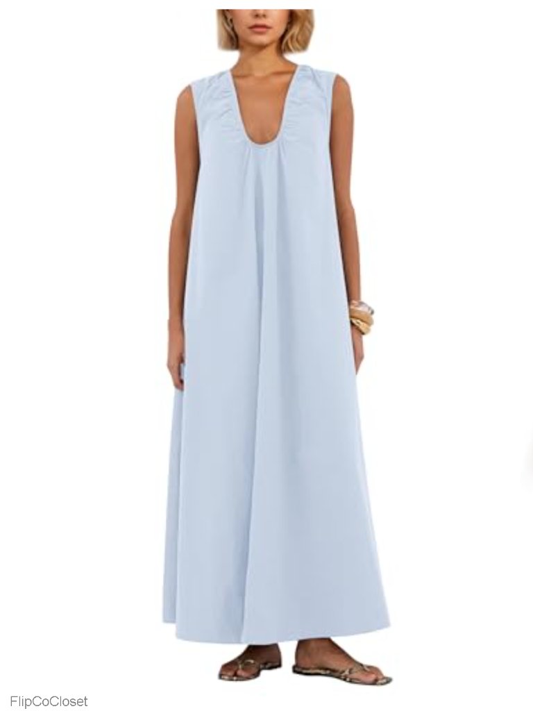 Cotton Ruched Maxi Dress With Pockets Scoop Neck Sleeveless